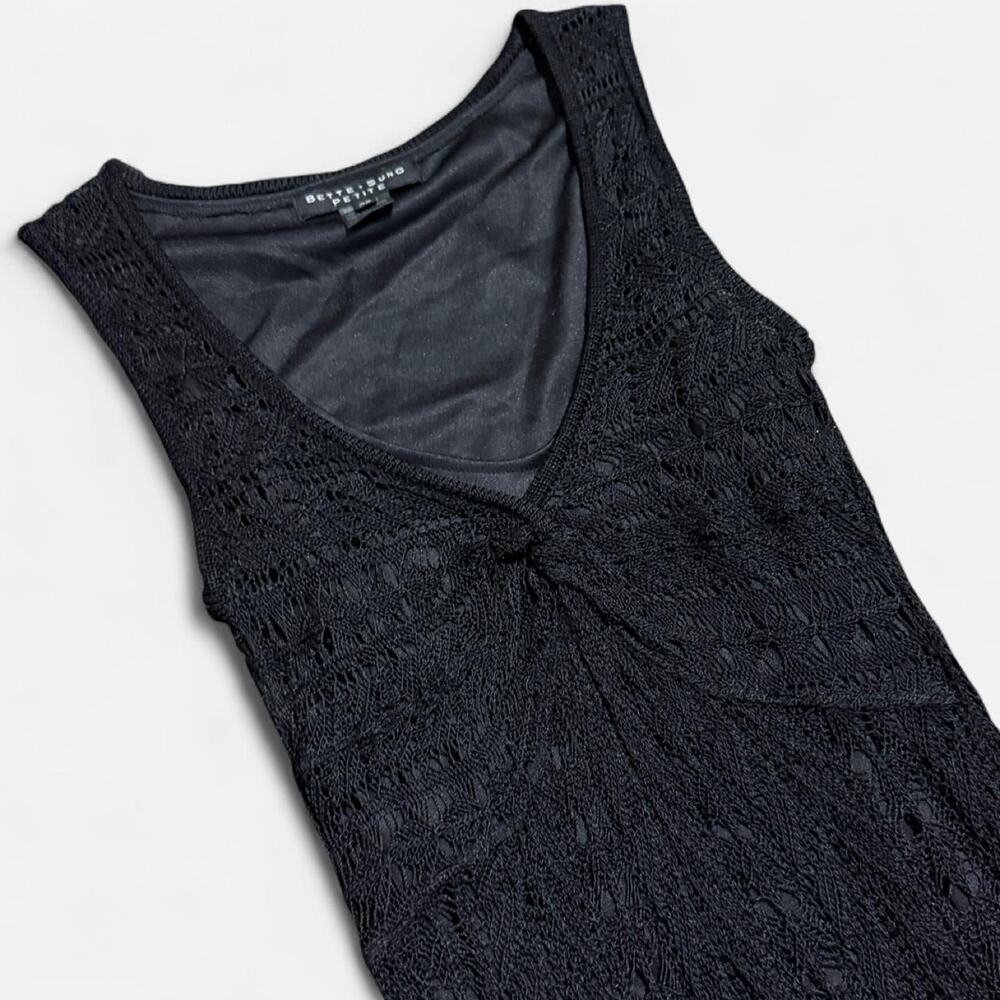 VTG Y2K Bette Sung Black Knit Crochet Overlay V Neck Form Fitting Fairy Top S - Picture 7 of 8